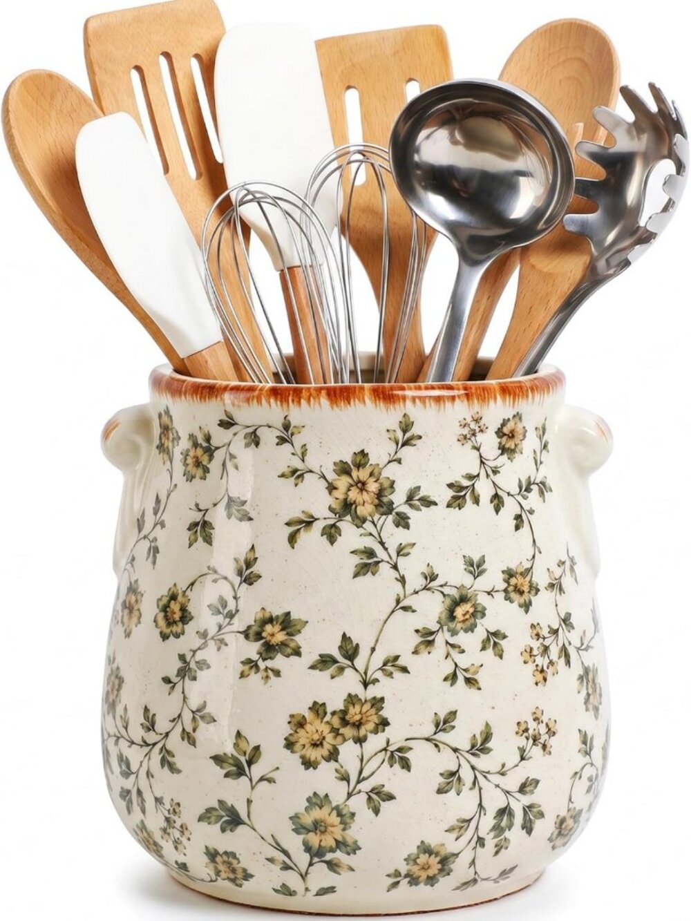 Vintage Floral Ceramic Utensil Holder - Large Kitchen Counter Organizer
